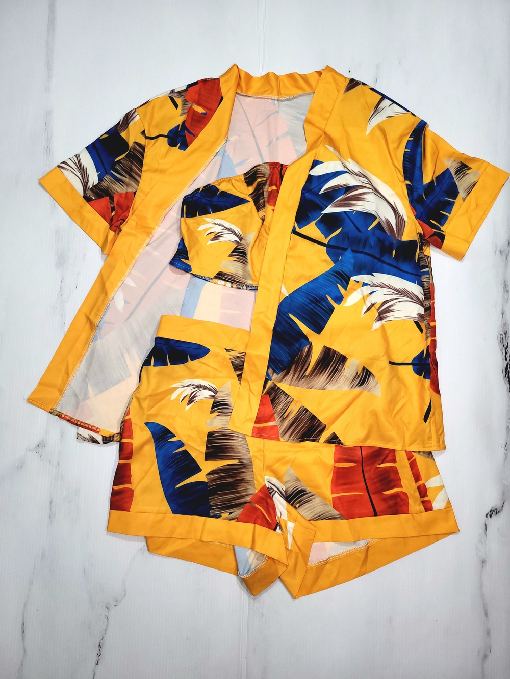 SHEIN Curve 3 Piece Set 0XL Tropical Leaf Kimono Tube Top Shorts NWOT